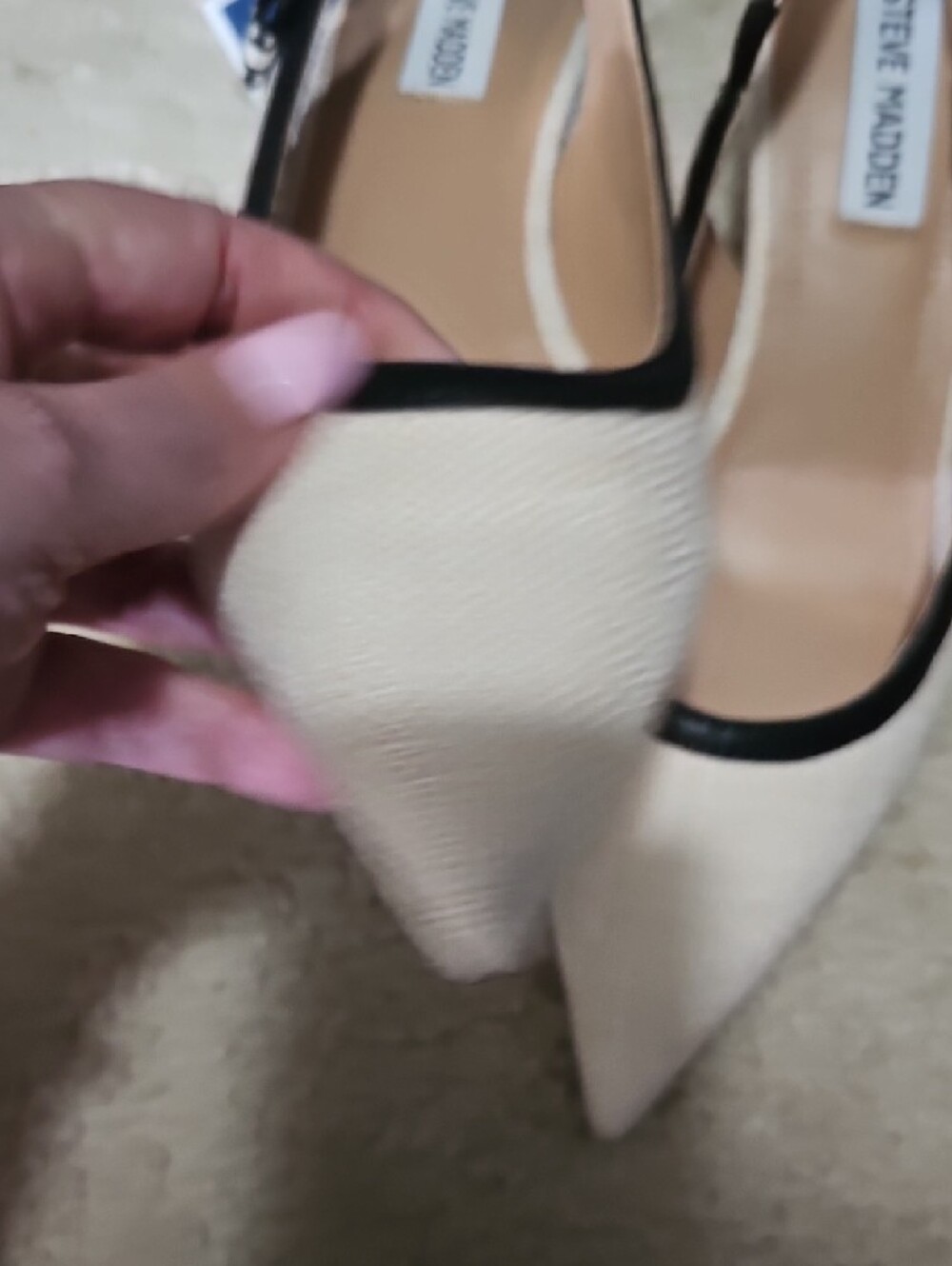 Steve Madden Cream Slingback Pointed Toe Flats with Black Trim - Picture 3 of 5